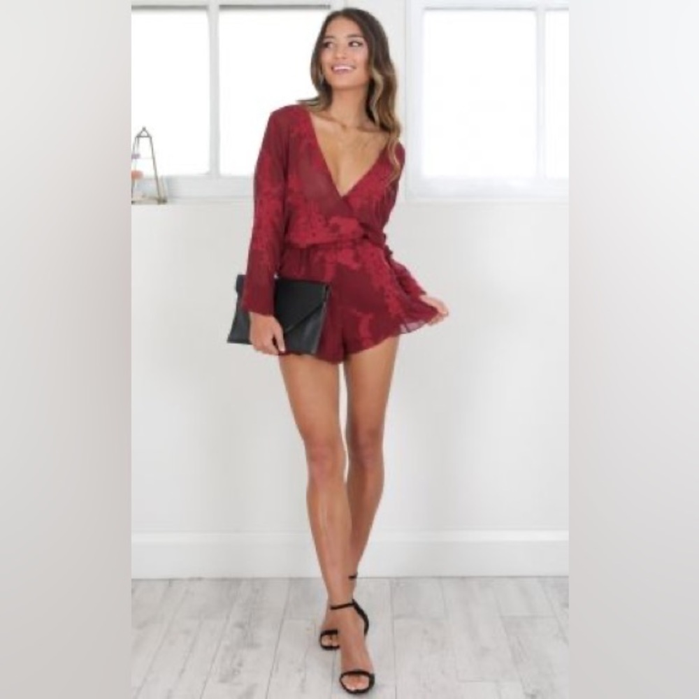 NWT showpo no filter play suit in wine lace rare romper sheer long sleeve small - Picture 1 of 16